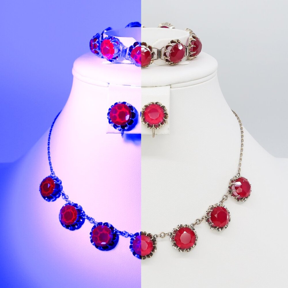Vintage Sterling‎ Silver Belcher Setting UV Glow Ruby Glass Parure Set 1940s